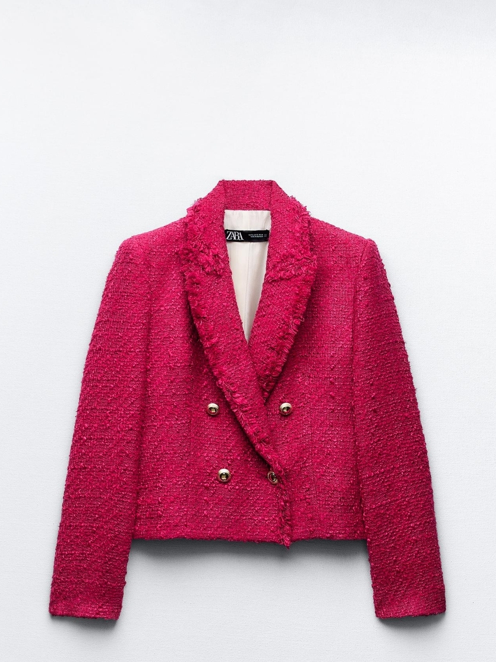 Zara Fuchsia Tweed Double-Breasted Cropped Blazer
